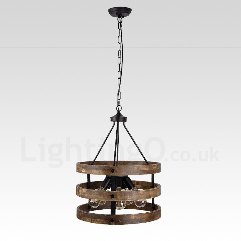 Lampadario in legno vintage a tamburo 5 luci stile industriale loft