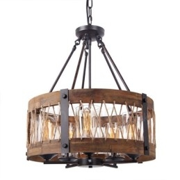 Lampadario a tamburo in legno vintage a 5 luci, stile industriale loft, sospensione lineare