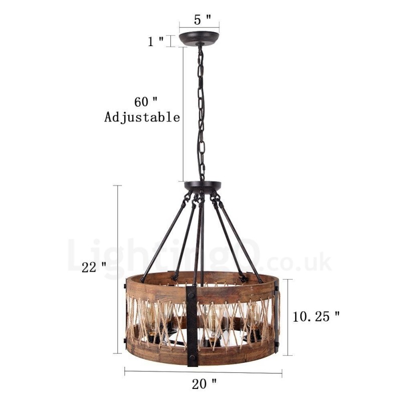 Lampadario a tamburo in legno vintage a 5 luci, stile industriale loft, sospensione lineare