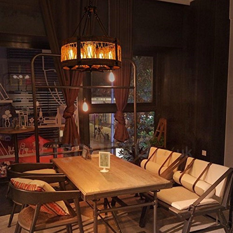 Lampadario a tamburo in legno vintage a 5 luci, stile industriale loft, sospensione lineare
