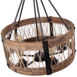 Lampadario a tamburo in legno vintage a 5 luci, stile industriale loft, sospensione lineare