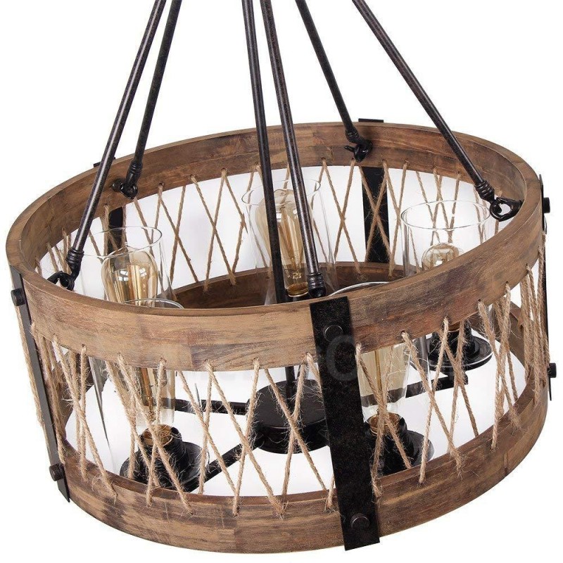 Lampadario a tamburo in legno vintage a 5 luci, stile industriale loft, sospensione lineare