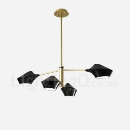 Lampadario lineare retrò a 2 livelli, 4 luci, paralumi in acrilico, nero/oro