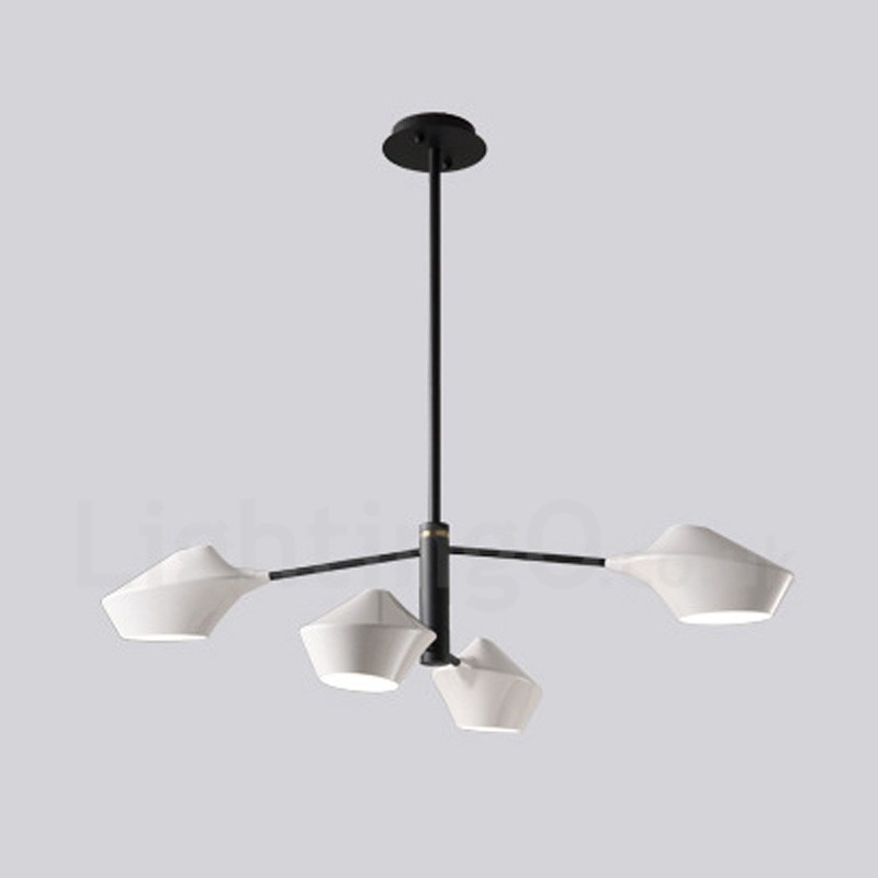 Lampadario lineare retrò a 2 livelli, 4 luci, paralumi in acrilico, nero/oro