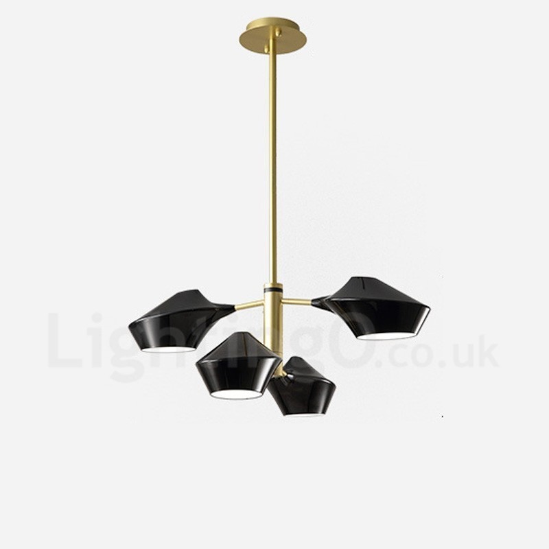 Lampadario lineare retrò a 2 livelli, 4 luci, paralumi in acrilico, nero/oro