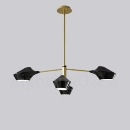 Lampadario lineare retrò a 2 livelli, 4 luci, paralumi in acrilico, nero/oro