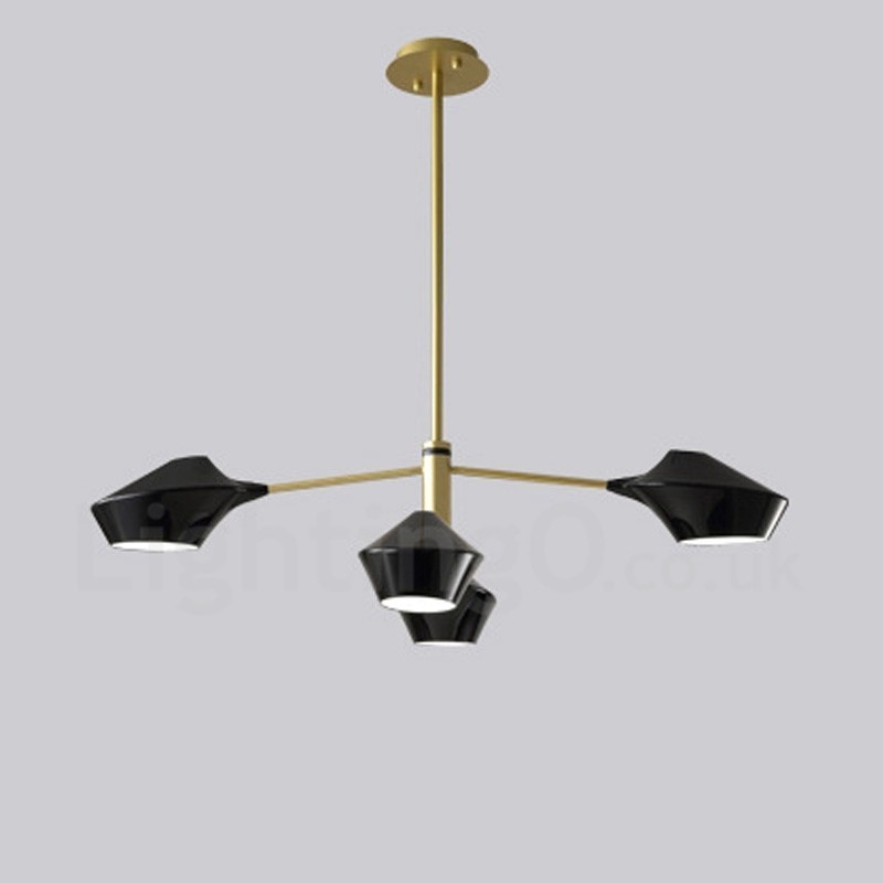 Lampadario lineare retrò a 2 livelli, 4 luci, paralumi in acrilico, nero/oro