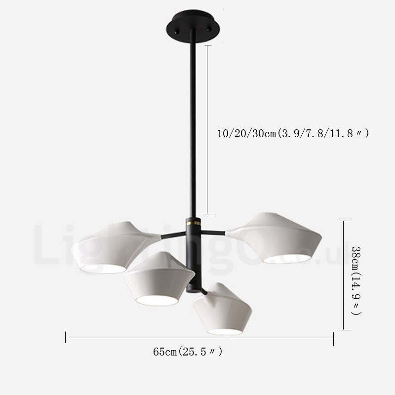 Lampadario lineare retrò a 2 livelli, 4 luci, paralumi in acrilico, nero/oro
