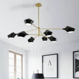 Lampadario retrò lineare a 2 livelli, 8 luci, paralumi in acrilico, nero e oro, per esterni e garage