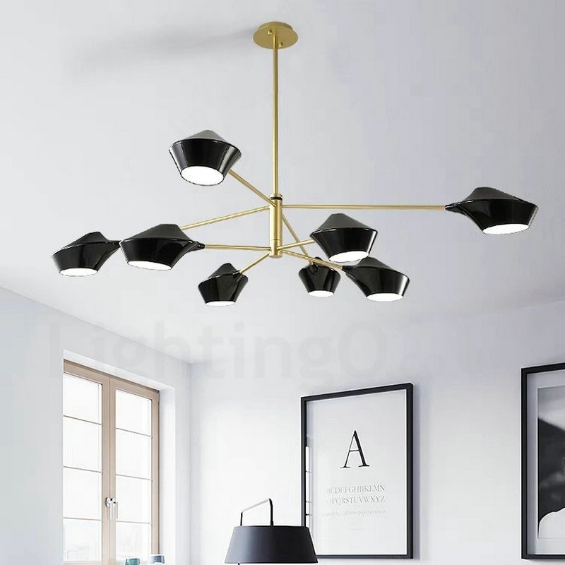 Lampadario retrò lineare a 2 livelli, 8 luci, paralumi in acrilico, nero e oro, per esterni e garage