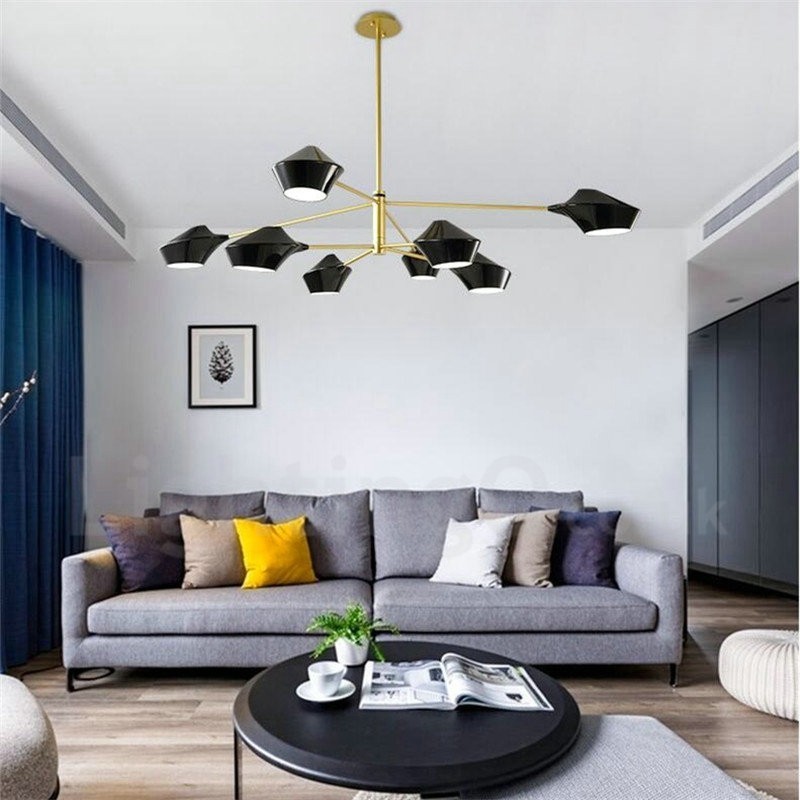 Lampadario retrò lineare a 2 livelli, 8 luci, paralumi in acrilico, nero e oro, per esterni e garage