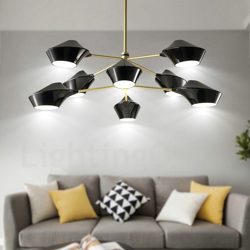 Lampadario retrò lineare a 2 livelli, 8 luci, paralumi in acrilico, nero e oro, per esterni e garage