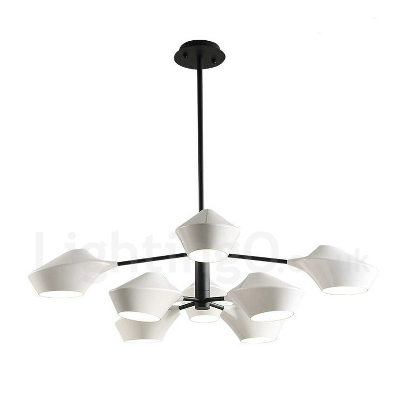 Lampadario retrò lineare a 2 livelli, 8 luci, paralumi in acrilico, nero e oro, per esterni e garage