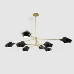 Lampadario retrò lineare a 2 livelli, 8 luci, paralumi in acrilico, nero e oro, per esterni e garage