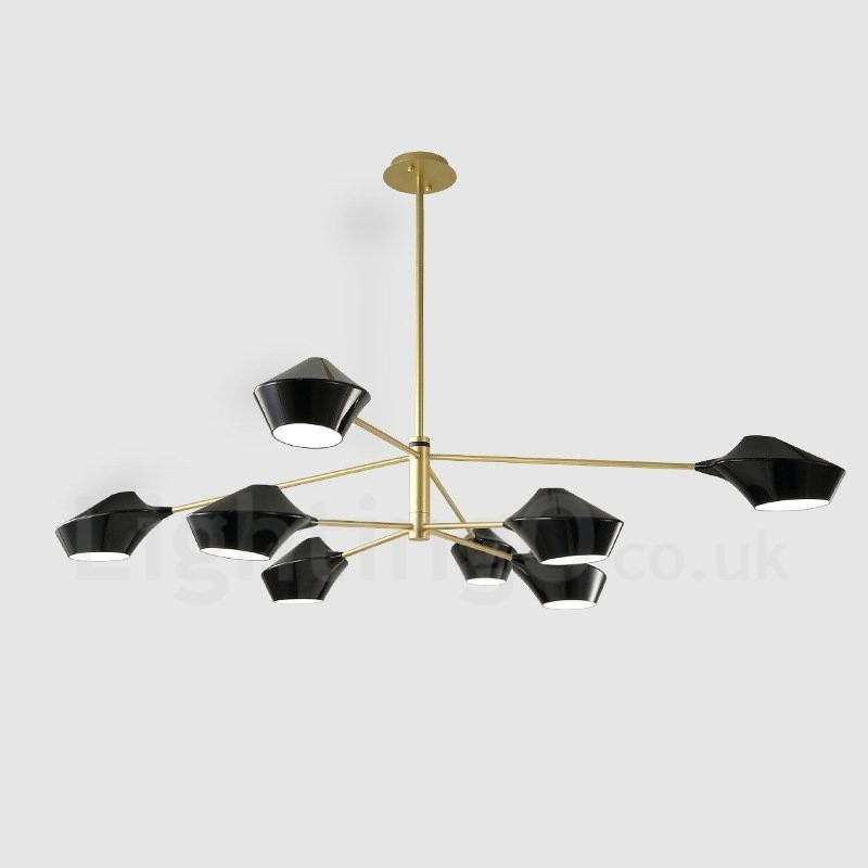 Lampadario retrò lineare a 2 livelli, 8 luci, paralumi in acrilico, nero e oro, per esterni e garage