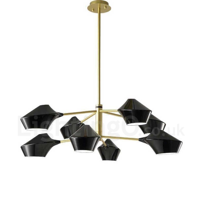 Lampadario retrò lineare a 2 livelli, 8 luci, paralumi in acrilico, nero e oro, per esterni e garage