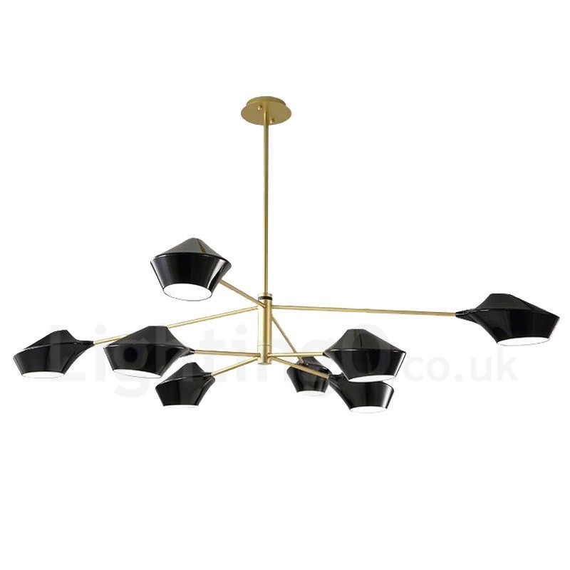 Lampadario retrò lineare a 2 livelli, 8 luci, paralumi in acrilico, nero e oro, per esterni e garage
