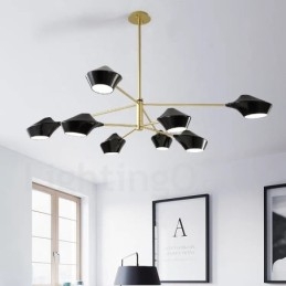 Lampadario retrò lineare a 2 livelli, 8 luci, paralumi in acrilico, nero e oro, per esterni e garage