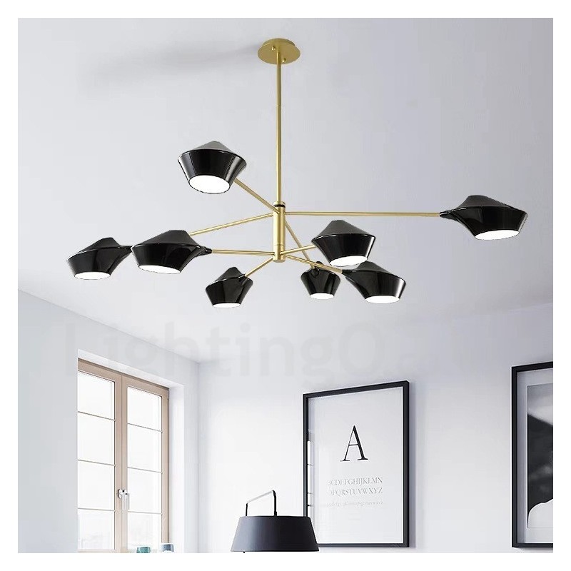 Lampadario retrò lineare a 2 livelli, 8 luci, paralumi in acrilico, nero e oro, per esterni e garage