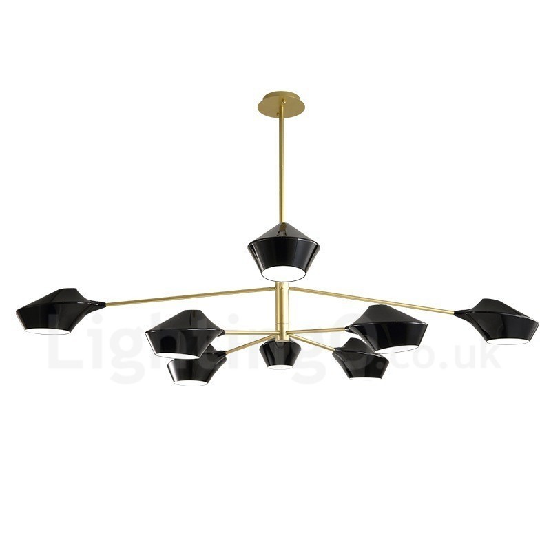 Lampadario retrò lineare a 2 livelli, 8 luci, paralumi in acrilico, nero e oro, per esterni e garage