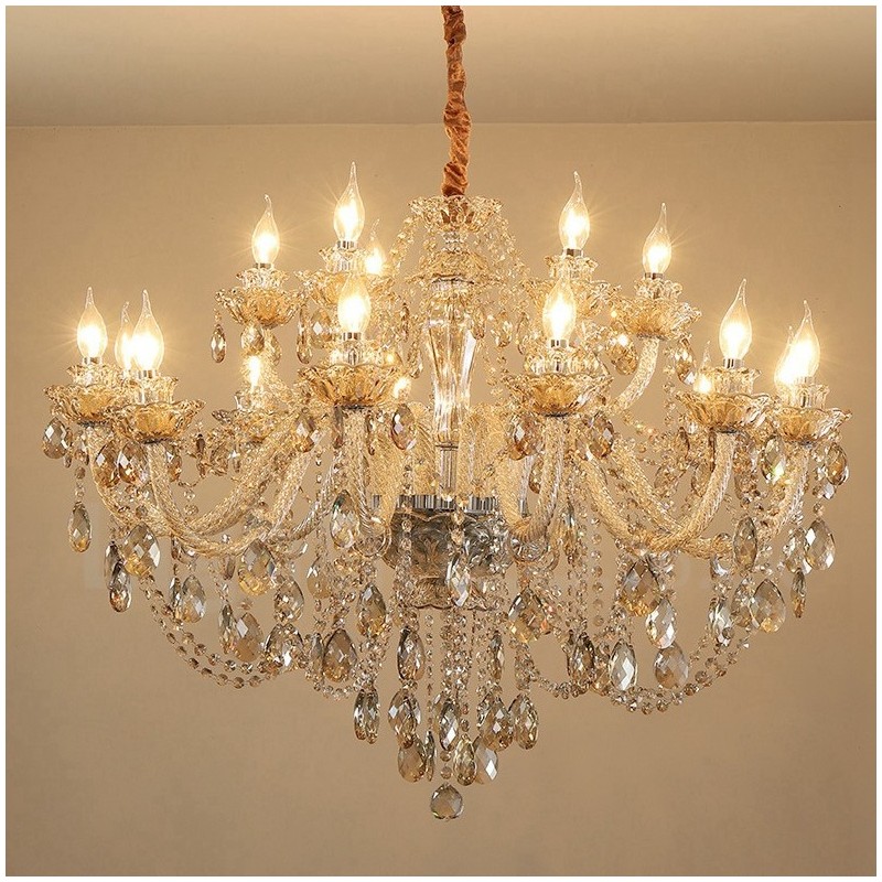 Lampadario in cristallo cognac a 18 luci (12+6) con candele, 2 livelli
