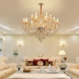 Lampadario in cristallo cognac a 18 luci (12+6) con candele, 2 livelli