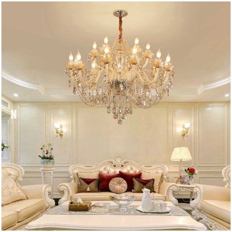 Lampadario in cristallo cognac a 18 luci (12+6) con candele, 2 livelli
