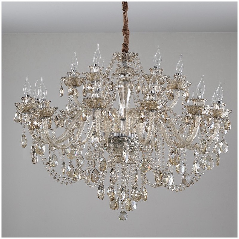 Lampadario in cristallo cognac a 18 luci (12+6) con candele, 2 livelli