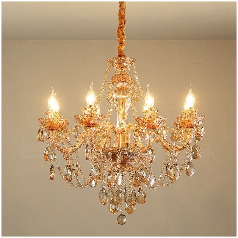 Lampadario in cristallo a 8 luci, candele ambra oro chiaro
