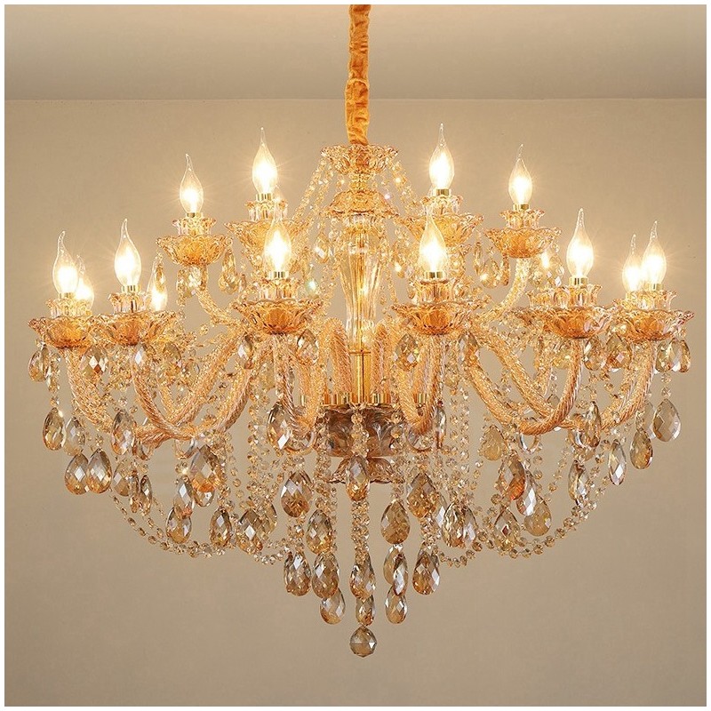 Lampadario a candela in cristallo 18 (12+6) luci ambra oro a 2 livelli