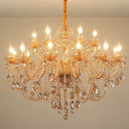 Lampadario a candela in cristallo 18 (12+6) luci ambra oro a 2 livelli
