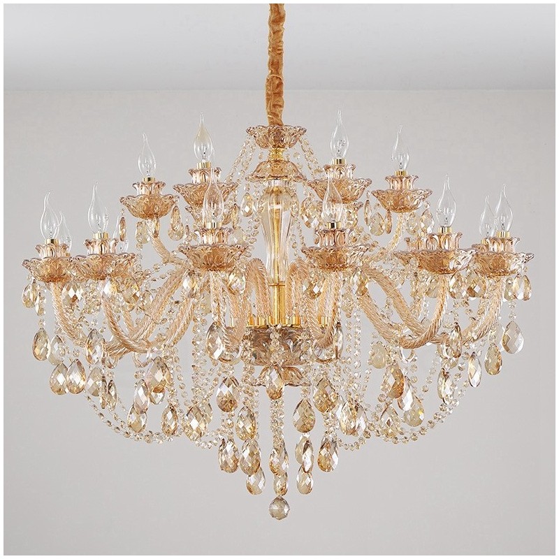 Lampadario a candela in cristallo 18 (12+6) luci ambra oro a 2 livelli
