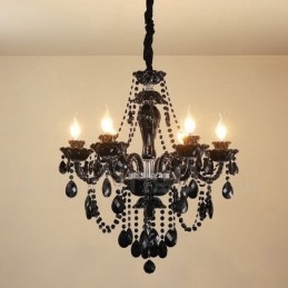 Lampadario a candela in cristallo nero a 6 luci