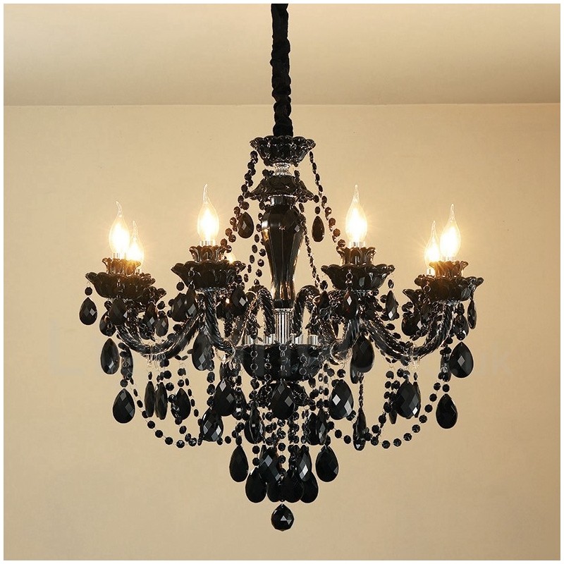 Lampadario a candela in cristallo nero a 8 luci