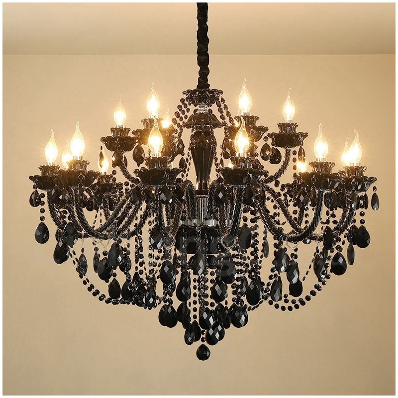 Lampadario a candela in cristallo nero a 18 luci (12+6)