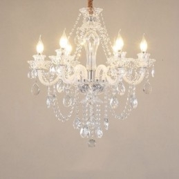 Lampadario in cristallo trasparente a 6 luci con braccia bianche