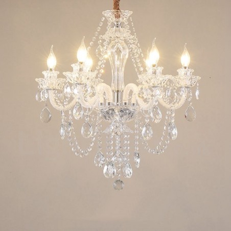 Lampadario in cristallo trasparente a 6 luci con braccia bianche