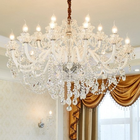 Lampadario a candela in cristallo trasparente 18 luci (12+6) con bracci bianchi
