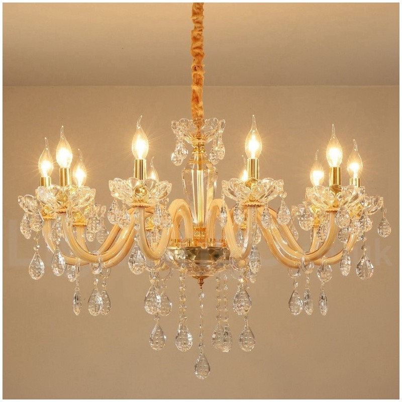 Lampadario candela in cristallo trasparente oro