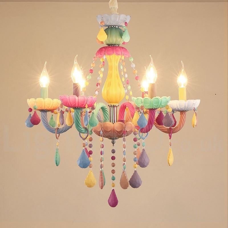 Lampadario a 6 luci in cristallo multicolore stile candela mini per bambini