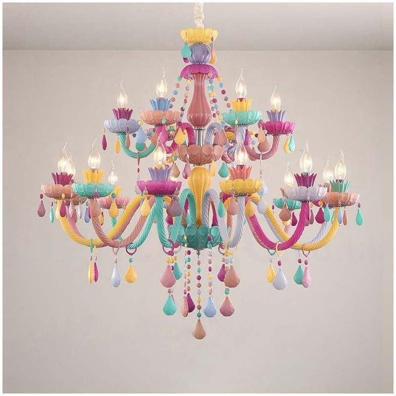 Lampadario a candela in cristallo Macaron 18 (12+6) luci multicolore per bambini