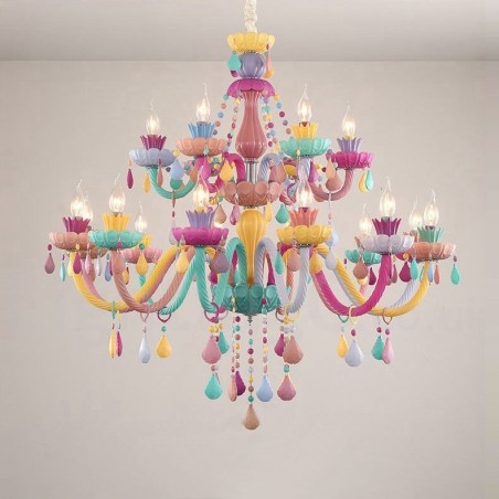Lampadario a candela in cristallo Macaron 18 (12+6) luci multicolore per bambini