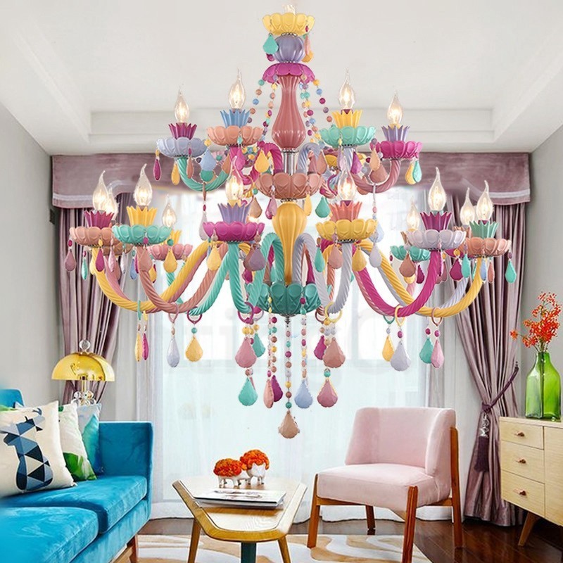 Lampadario a candela in cristallo Macaron 18 (12+6) luci multicolore per bambini