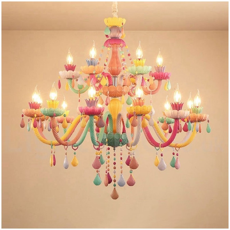 Lampadario a candela in cristallo Macaron 18 (12+6) luci multicolore per bambini