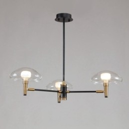 Lampadario mini a 3 luci con paralumi in vetro trasparente, oro e nero