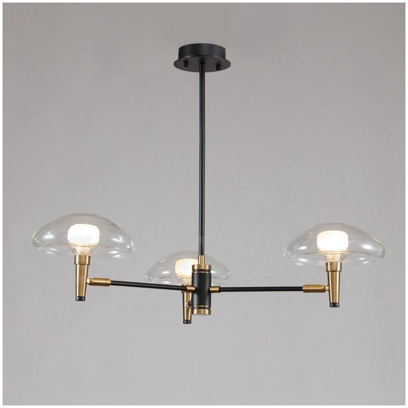 Lampadario mini a 3 luci con paralumi in vetro trasparente, oro e nero