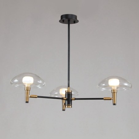 Lampadario mini a 3 luci con paralumi in vetro trasparente, oro e nero