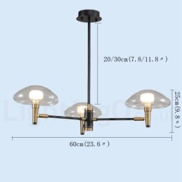 Lampadario mini a 3 luci con paralumi in vetro trasparente, oro e nero