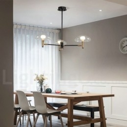 Lampadario mini a 3 luci con paralumi in vetro trasparente, oro e nero
