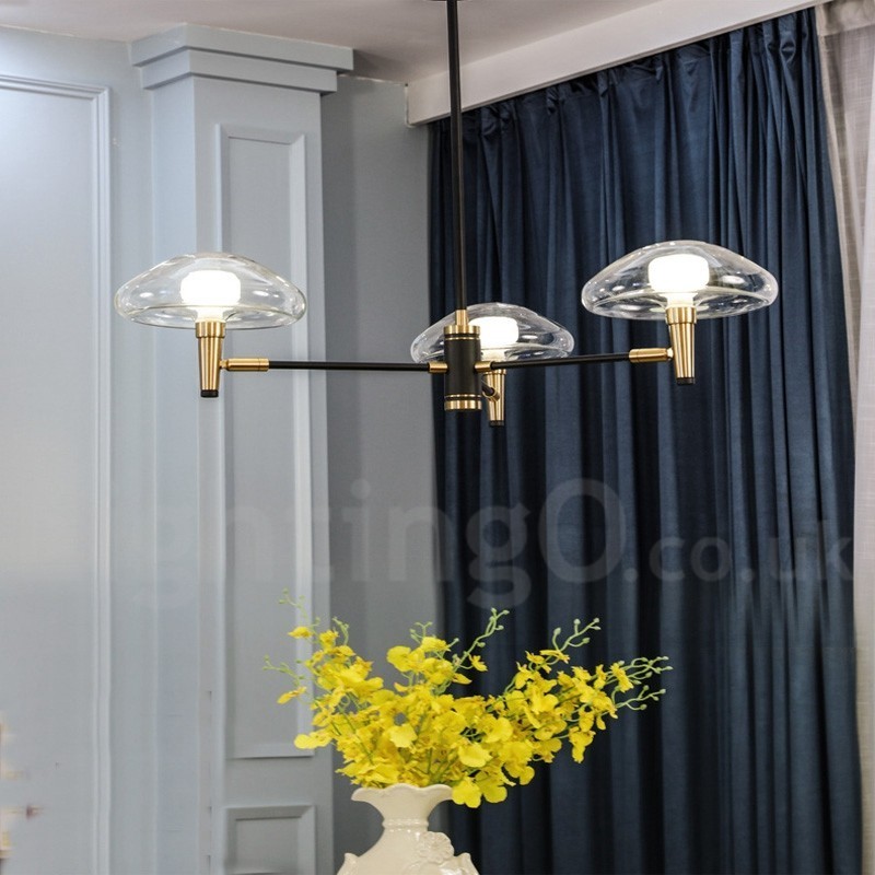 Lampadario mini a 3 luci con paralumi in vetro trasparente, oro e nero